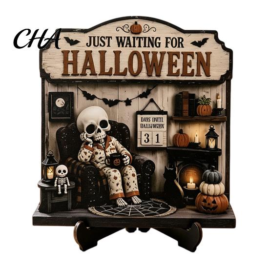 Cute Ghost Figurine Halloween Reading Figurine, Wooden Desktop Ornaments, Vintage Handmade Seasonal Ornaments Statue with Stand for Home Tabletop