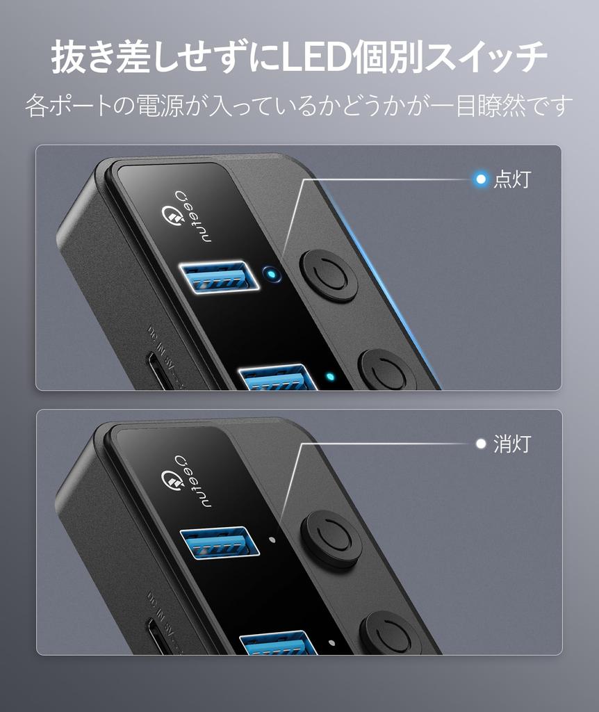 Qeefun USB Hub 5 Port Hub with Power Supply Port Independent Switch LED Indicator Light 5Gbps High Speed Transfer Compact Lightweight Compatible with