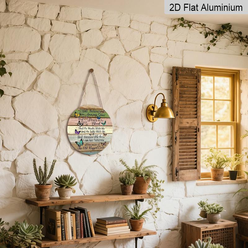 2D Flat, 1pc Round Aluminum Sign, "Amazing Grace" Christian Hymn Quote, Colorful Butterfly & Rustic Wood Design, Metal Wall Art, Ideal for Home