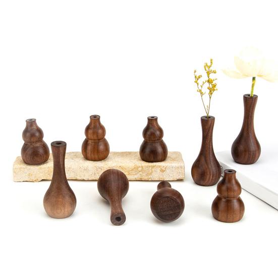 Mini Wooden Vase Natural Walnut Gourd Shape Vase Desktop Small Wood Bud Vase for Living Room Desk Shelf Home Decor