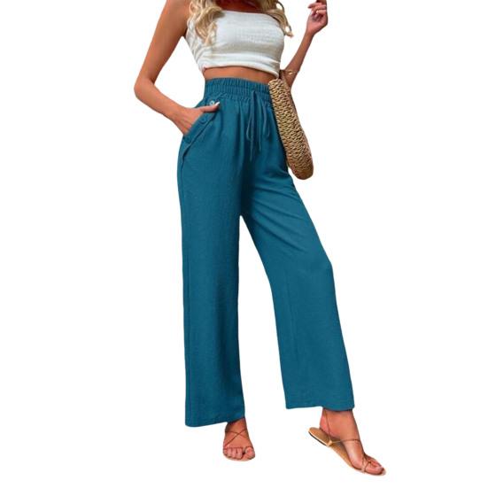 Женские повседневные брюки, эластичные длинные брюки с высокой талией на шнурке, прямые широкие брюки, однотонные тонкие летние брюки, уличная одежда