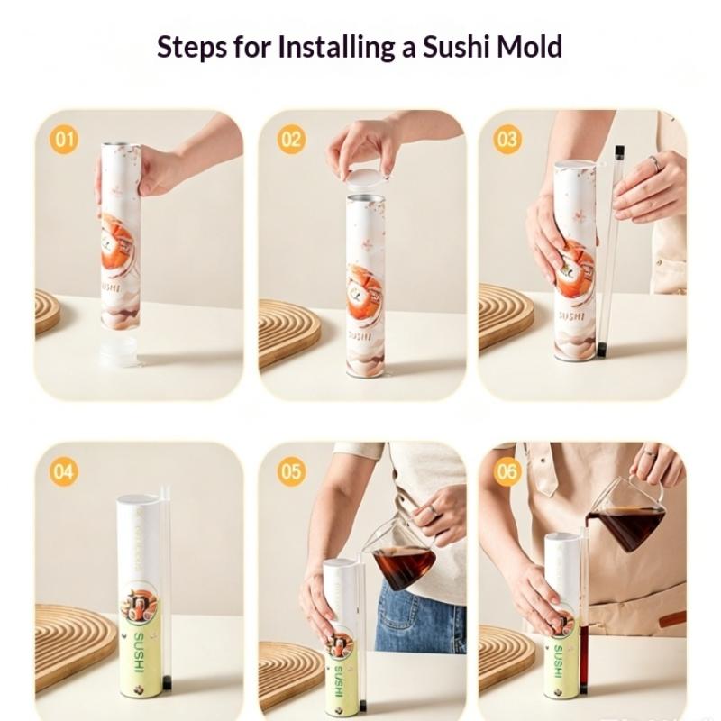 Round Sushi Push Box High Quality Food Grade Sushi Mold with Sauce Straw for Family DIY Sushi Making Picnic