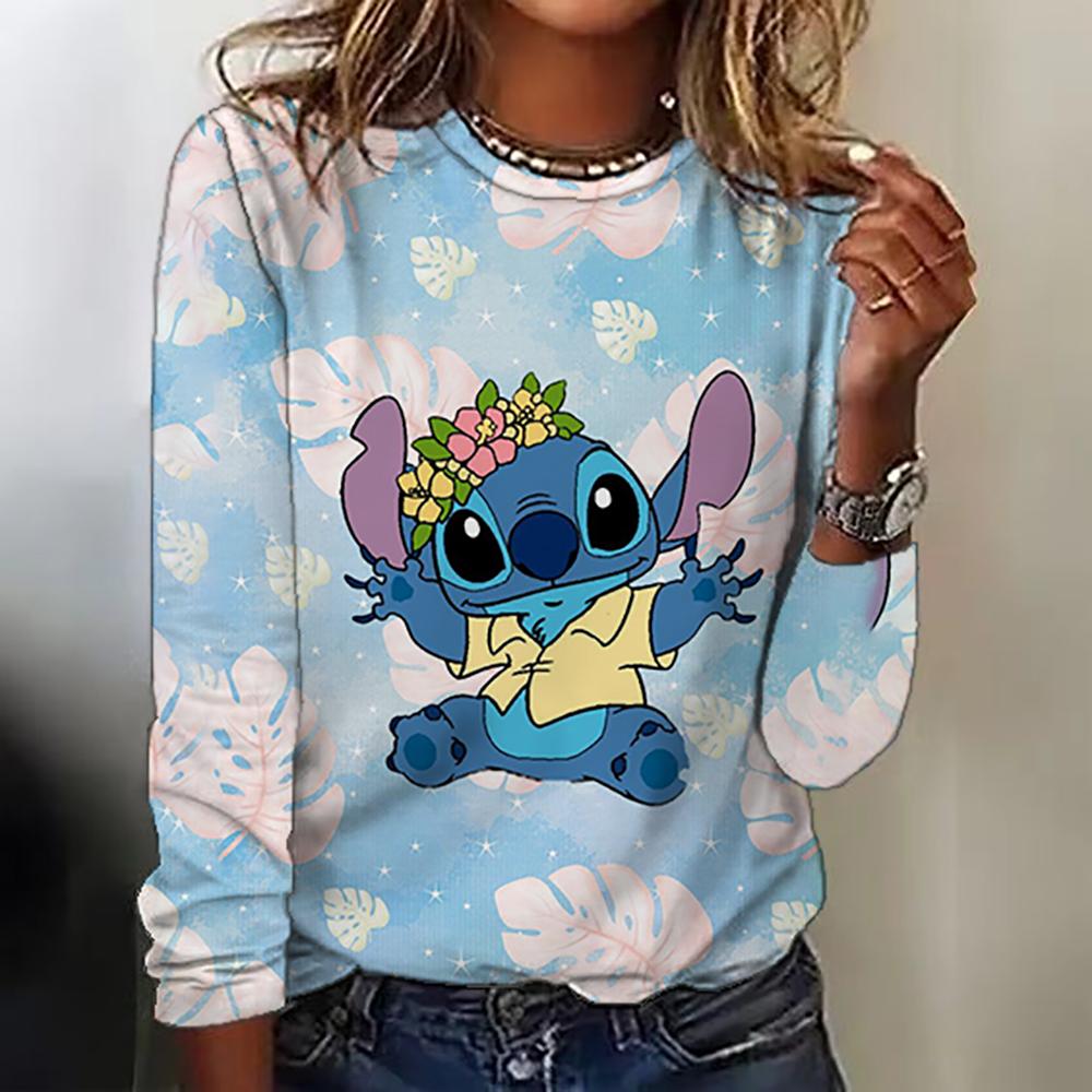 Новая женская футболка с круглым вырезом, топ с длинным рукавом, принт Disney Christmas Stitch, модная и трендовая женская футболка топ для аут