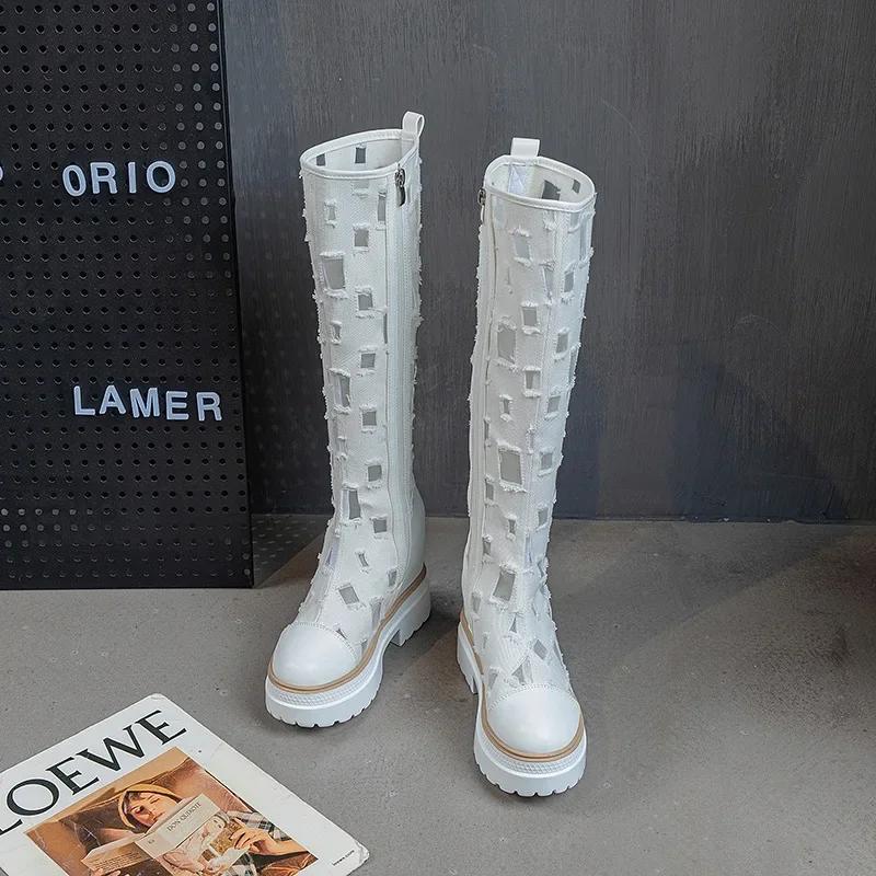 Ковбойские сапоги для женщин летние джинсовые парусиновые сапоги на толстой подошве дышащие полые сетчатые с внутренней платформой крутые сапоги женские боты