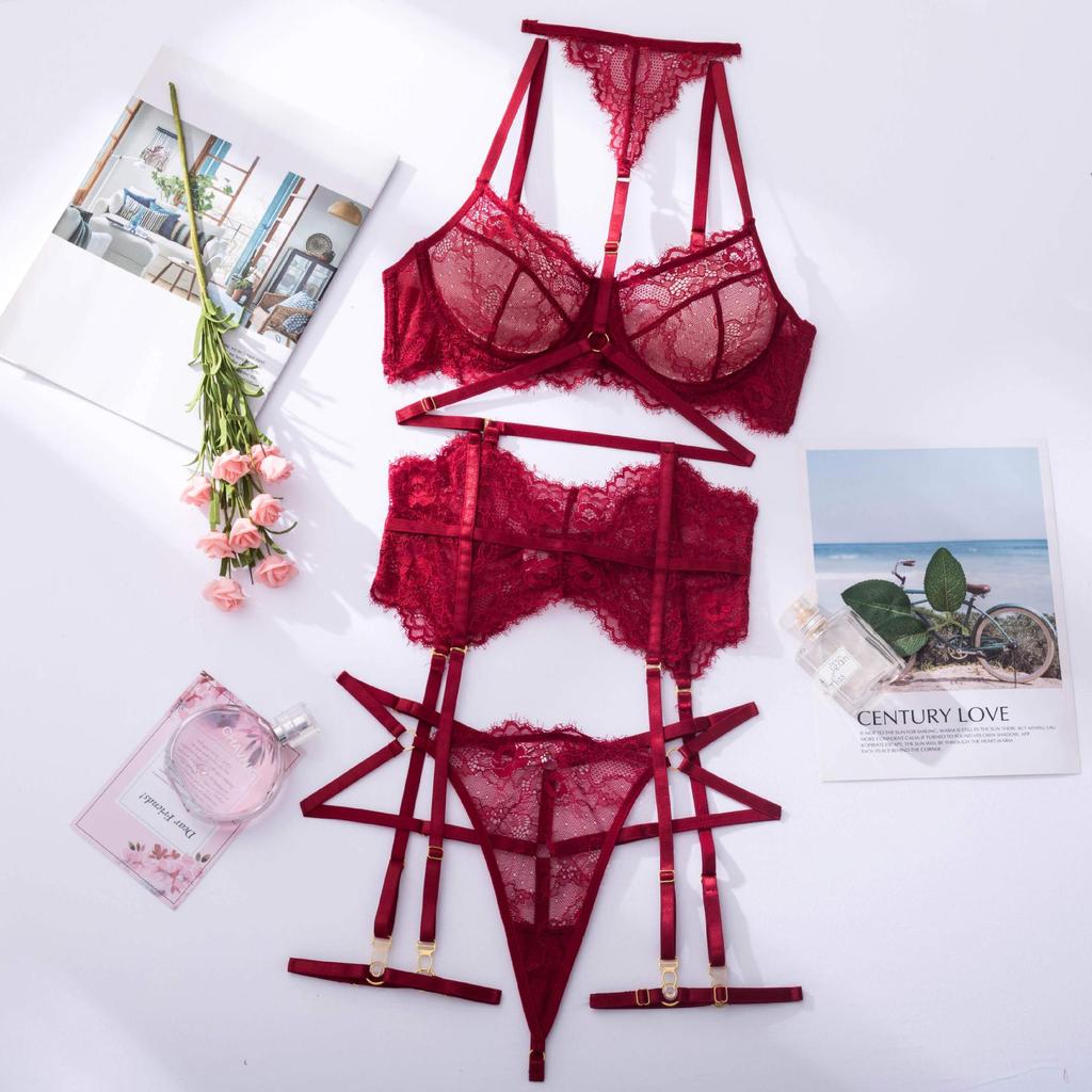 Aduloty Нижнее белье, сексуальное женское белье, комплект из 3 предметов, прозрачный бюстгальтер, кружевной костюм, сексуальные подвязки с чулками, женское эротическое интимное белье