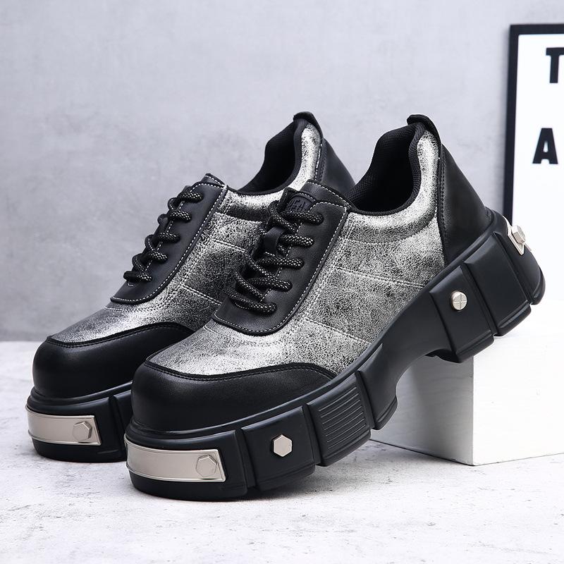 Мода 2025 Новые туфли из коровьей кожи с большой головой для мужчин, увеличивающие рост, на платформе с металлическими заклепками, панк-обувь, мужская осенне-зимняя дизайнерская обувь