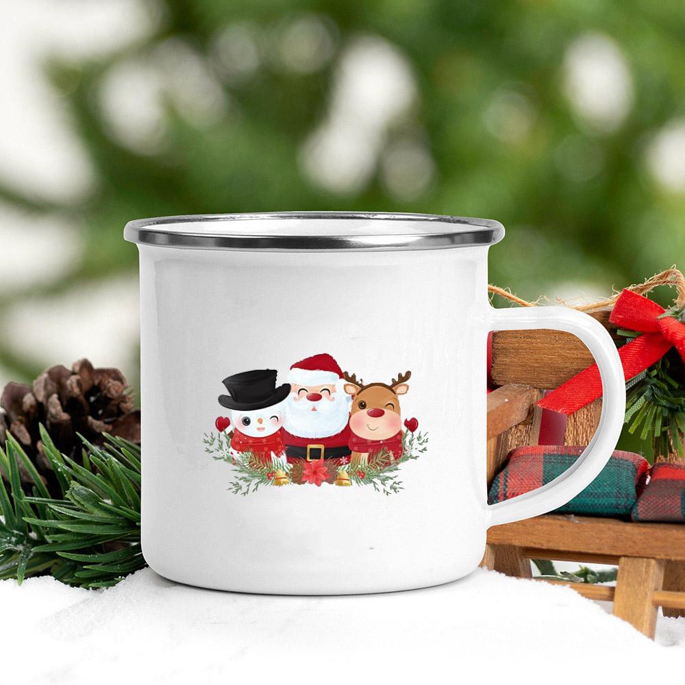 Merry Christmas Tree Snowman Santa Printed Mug Enamel Handle Coffee Cup Banquet Party Drinking Mugs Gift for Family Lover Friend