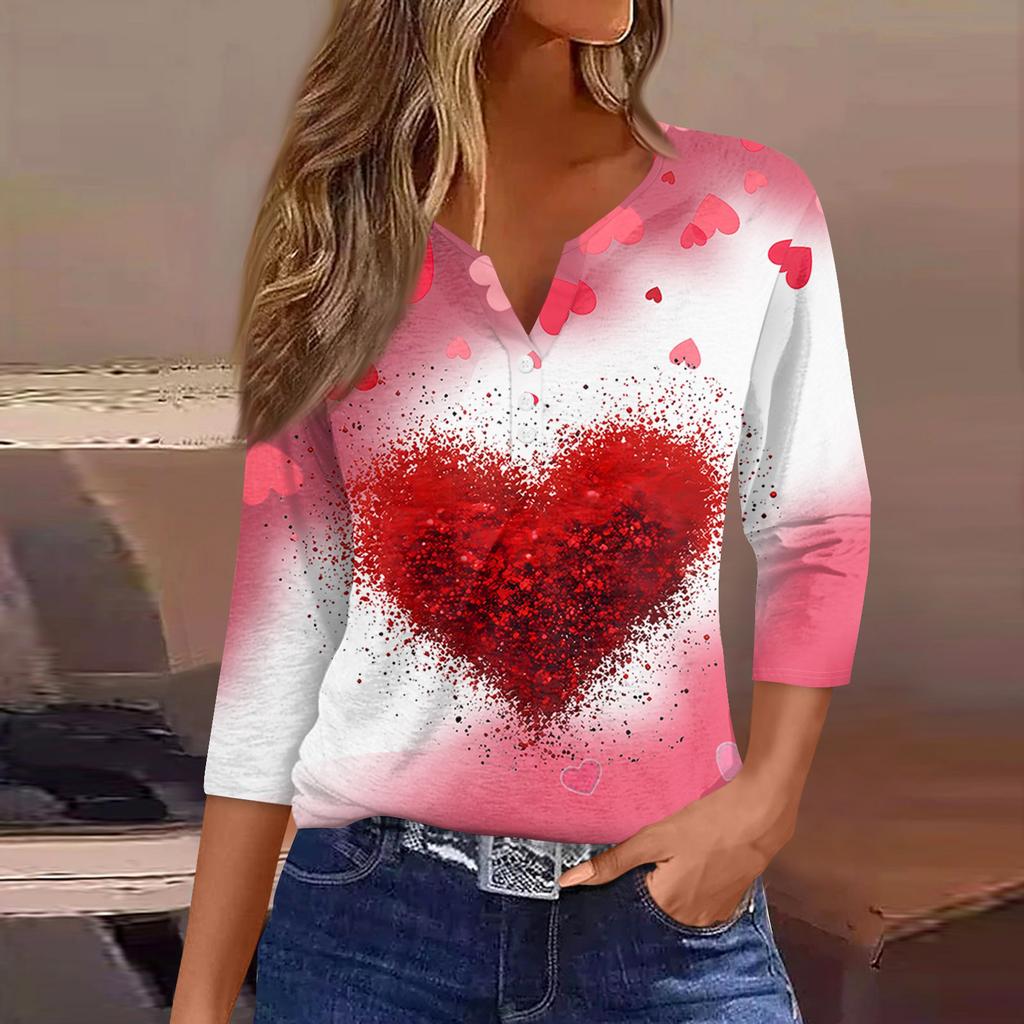 Жен. Футболка Футболка С принтом Пуговицы Рукав 3/4Ежедневно Выходные Мода Классический Топ с v-образным вырезом Обычный