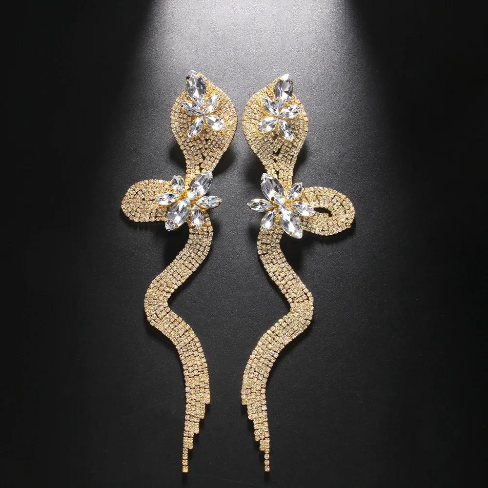 Серьги со змеей и кристаллами, модные украшения 2024, объемные свадебные украшения для ночного клуба, стразы, преувеличенные украшения для женщин