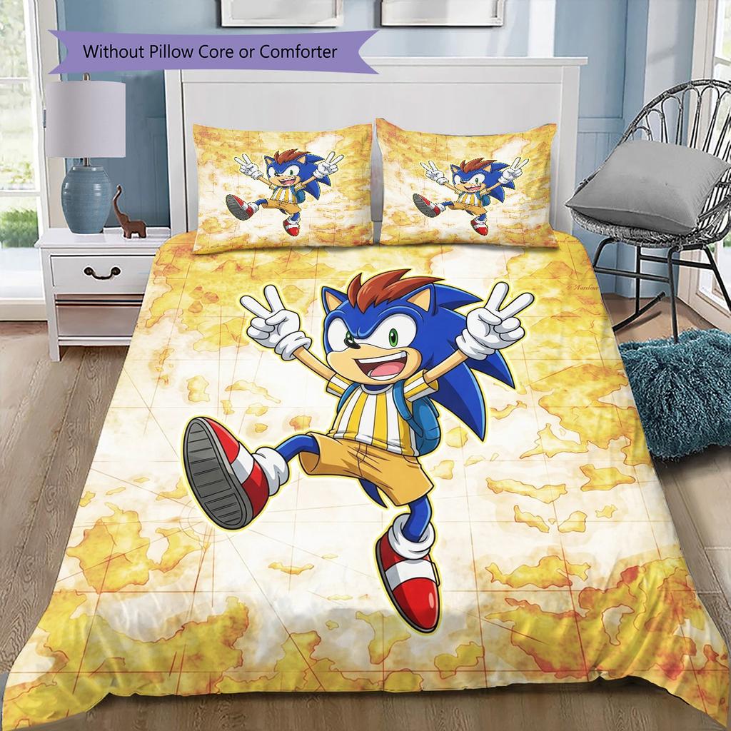 Sonic Hedgehog Pattern Bedding Quilt Set Quilt Cover Pillowcase Home Birthday Gift(1 * duvet cover + 2 * pillowcase, without core)