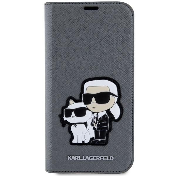 Etui do iPhone 14 Karl Lagerfeld Silver Saffiano Karl & Choupette
