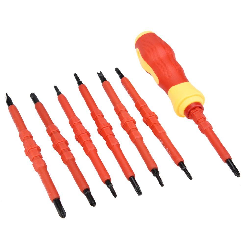 Набор из 14 изолированных отверток из хромованадиевой стали со сменными битами. Магнитный набор отверток включает шлицевые