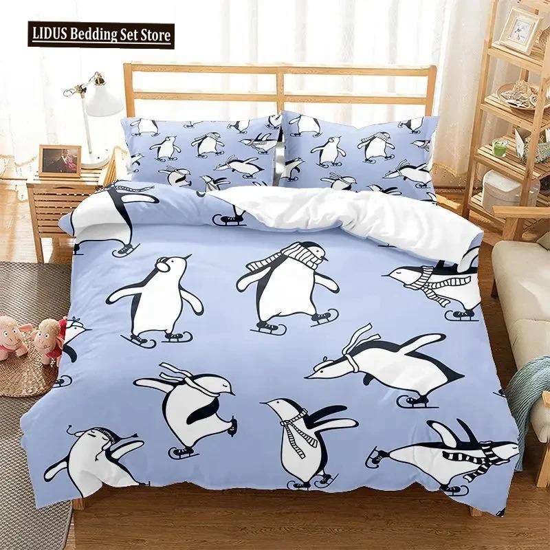 Cartoon Penguin Duvet Cover Collection For Boys Girl Animated Antarctic Animal Polyester Quilt Cover White Black King Queen Size