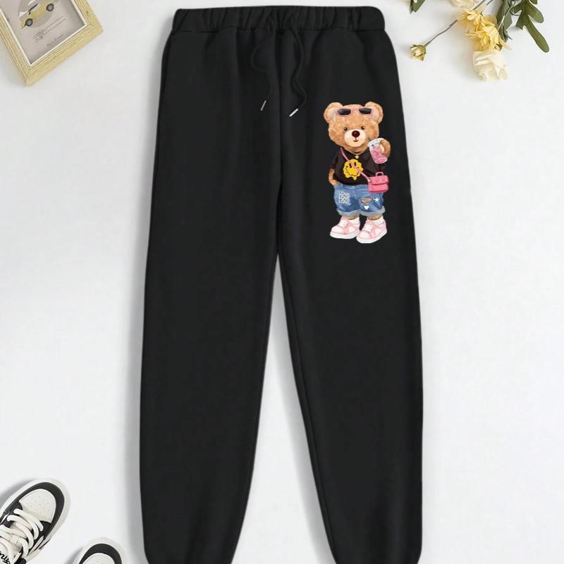 Carton Pattern Bear Printing Casual Basic Women Britches, Loose Fashion Trousers With Drawstring Pockets Sweatpants Female New
