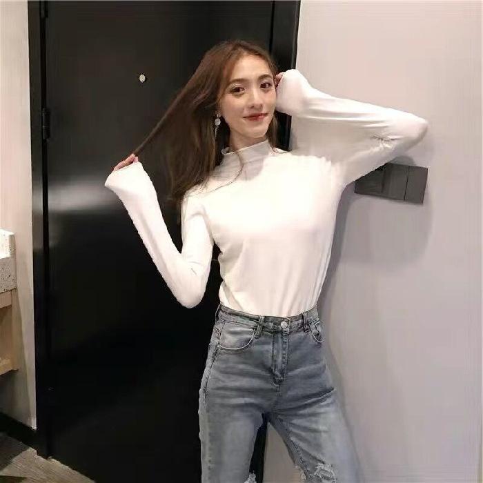Autumn and Winter Latest Korean Version of Half High Neck Solid Color Base Shirt Fashion Ins Slim-fit All Knitted Top Female Tide