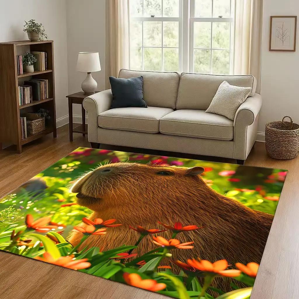 3D Cute Capybara Art Cartoon Living Room Non-Slip Area Rug Soft Carpet for Bedroom Playroom Sofa , Easy Clean Home Decor Doormat