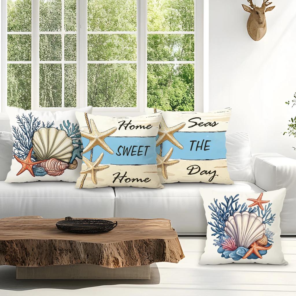 4 Pcs Summer Starfish Shells Single-Sided Printed Pillowcase Cushion Cover,Suitable For Living Room,Bedroom,Car Decoration
