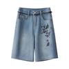 Летние женские джинсовые шорты с вышивкой и высокой посадкой 2025: Свободный, Широкий крой, Миди-длина
