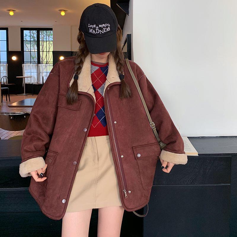 Ankora Red Fur One-piece Lamb Wool Coat for Women Winter New Small Casual Casual Plus Velvet Thickened Cotton Coat