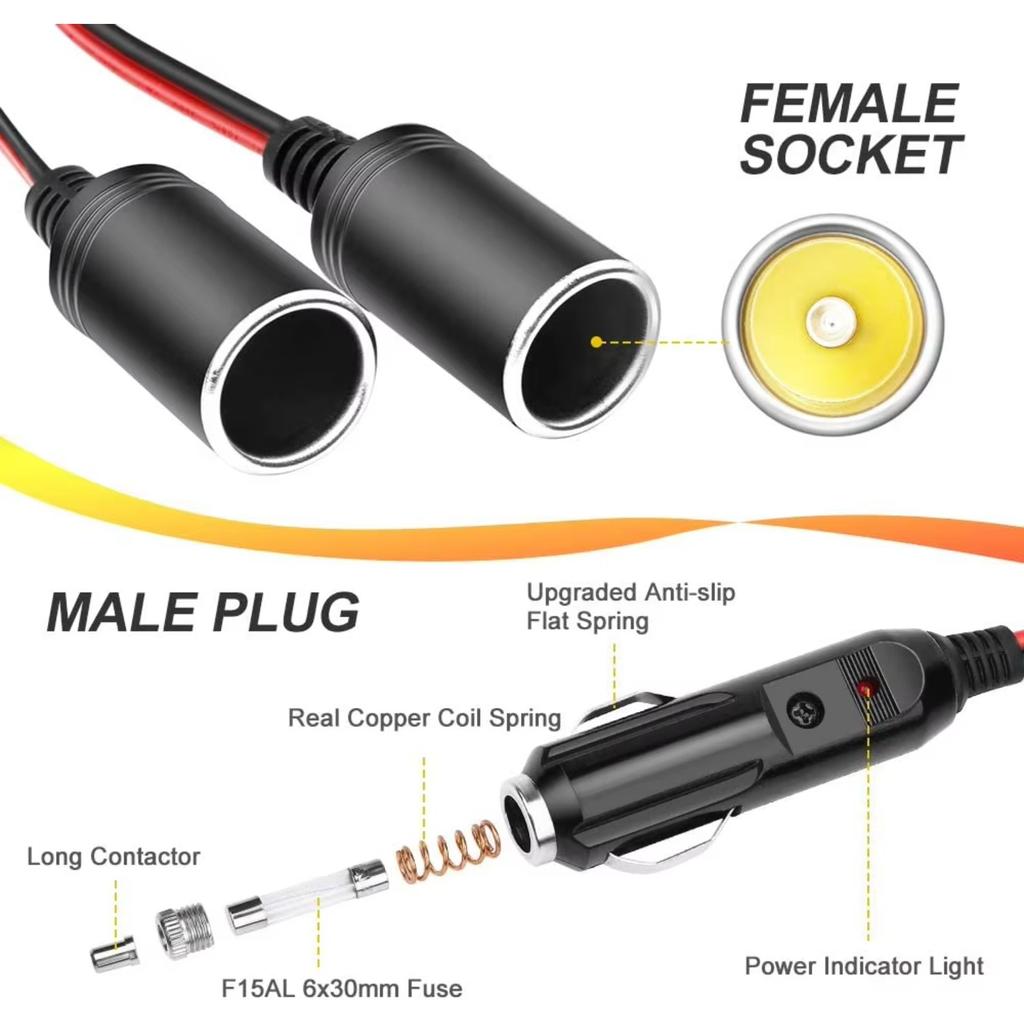 Extractme Car Cigarette Lighter Splitter Adapter Power Charger Port 16AWG 12/24V Plug Socket 2-Way Splitter with 15A Fuse