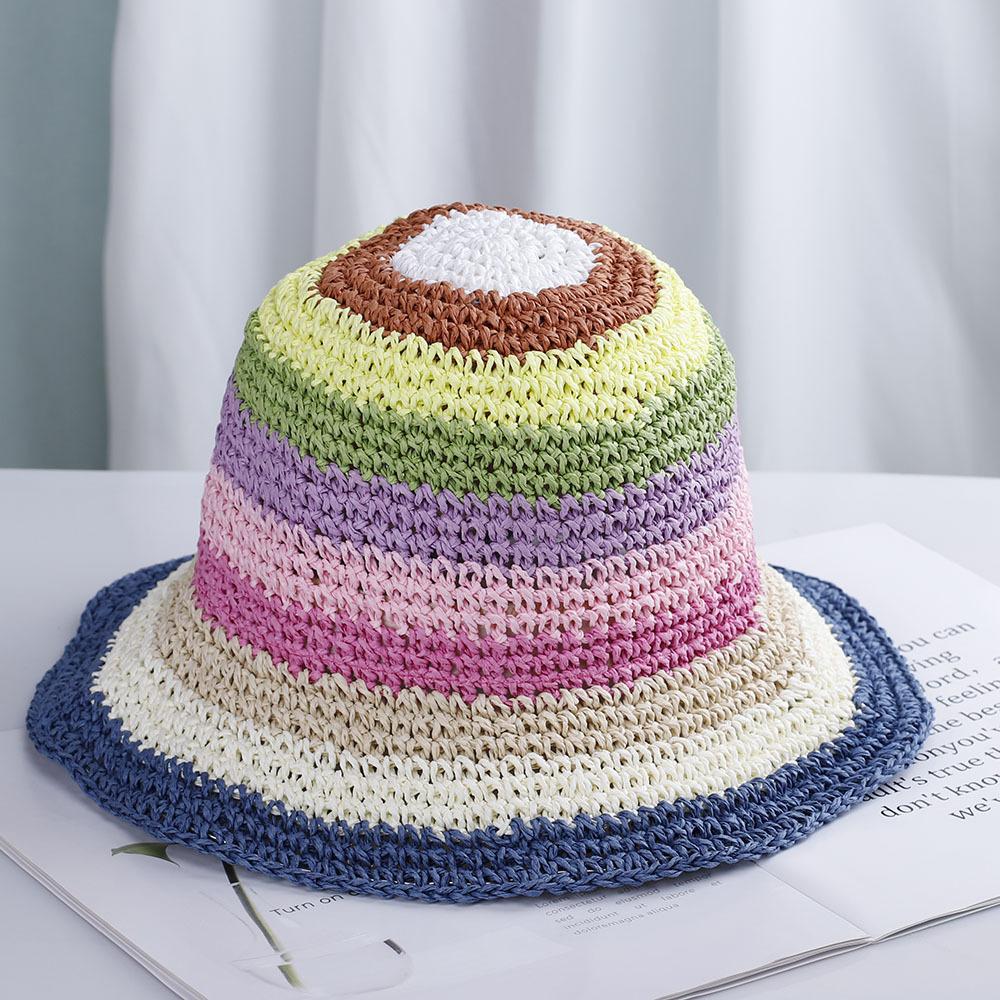 Летняя радужная полосатая панама Женская вязаная крючком пляжная шляпа-рыбак Складная ручной работы Плетеная шляпа от солнца Женская панама