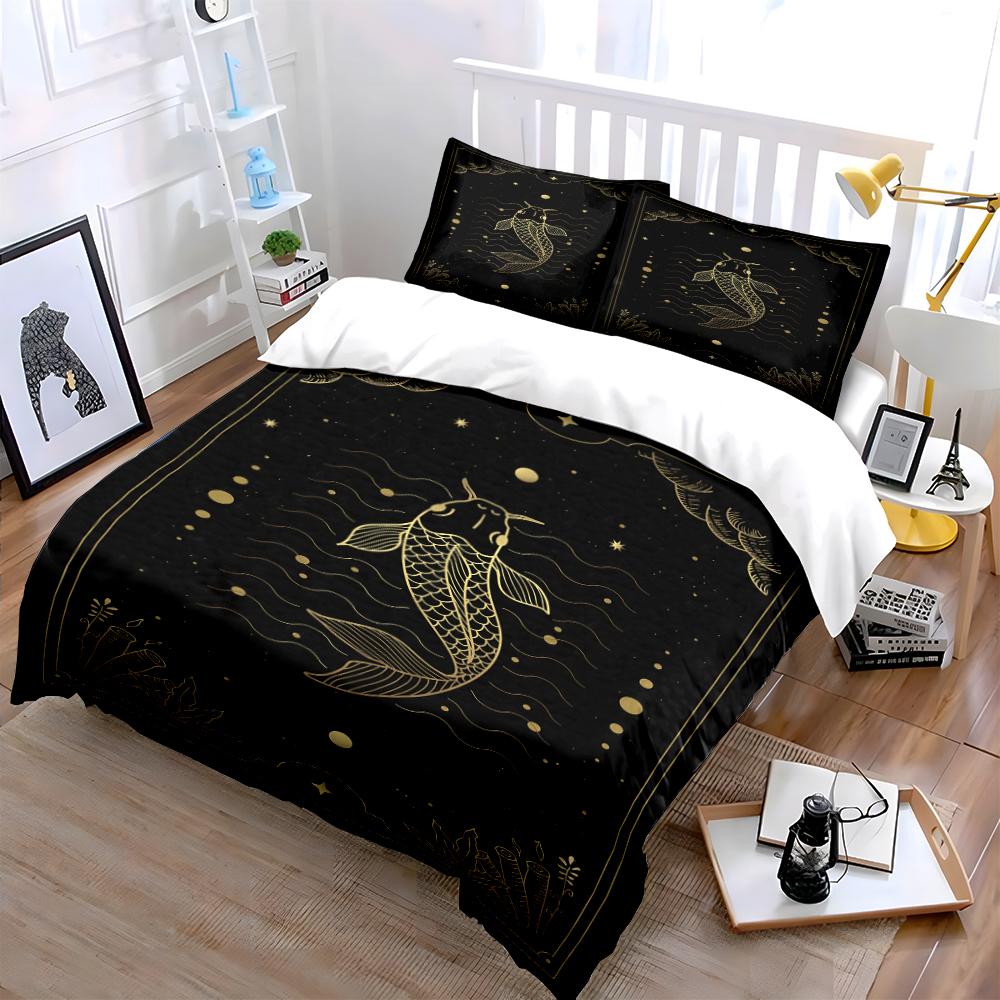 Gold Koi Fish Design on Black Bedding Set Bedding set (1 duvet cover, 2 pillowcases, duvet not included)
