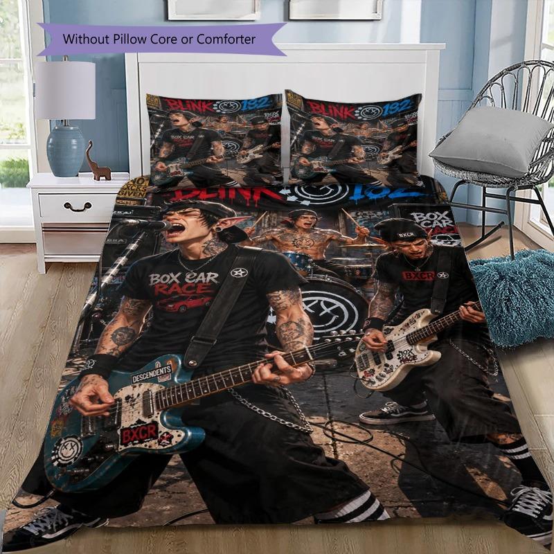 Blink 182 Punk Rock Band 3Pcs Bedding Set, Duvet Cover with 2 Pillowcases, Music Print Bed Linens, No Comforter No Pillow Core