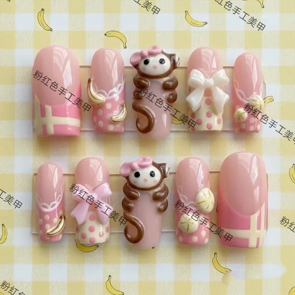 Y2K Retro Pearl Bear 3D Wing Bow Short Press On Nails Fake Nail Tips Party Birthday Gift Accessories