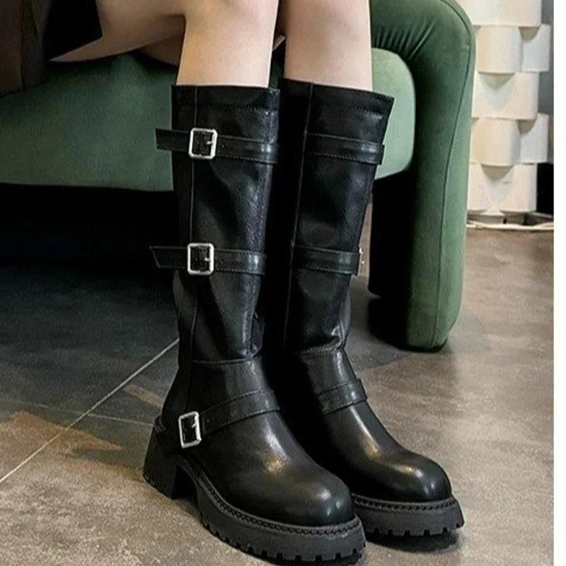 Платформа Женские Высокие Сапоги Дизайнер Ретро Средний Каблук Мотоциклетные Сапоги Зимние Массивные Туфли Тренд Гладиатор Chaussures Femme