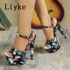 Fashion Liyke Brand Design Flowers Print Leather Platform Sandals Women Sexy Peep Toe 13CM Super High Heels Stiletto Party Banquet Shoes
