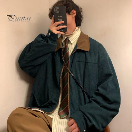 Мужская куртка в стиле пэчворк свободного кроя с застежкой-молнией, повседневное пальто с лацканами и длинным рукавом, вельветовая верхняя одежда