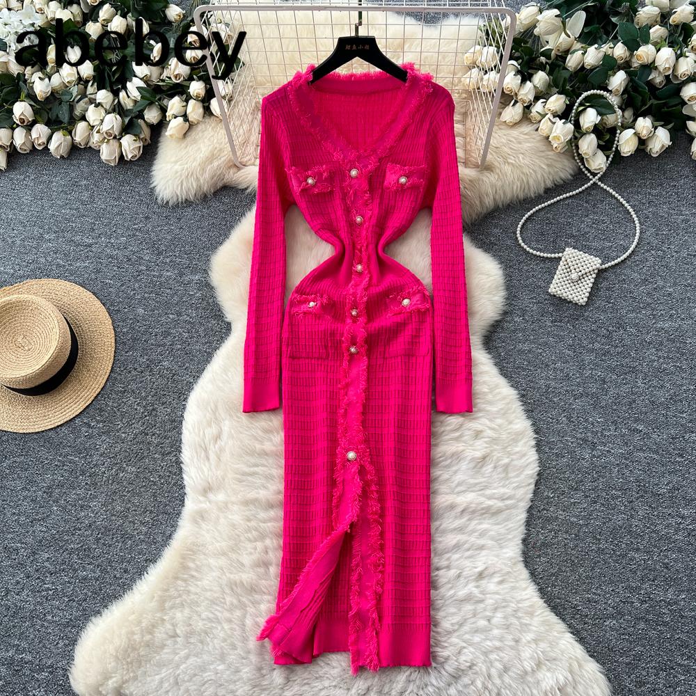 Новые женские платья Осень Зима Винтажное лоскутное вязаное миди-платье Элегантное платье-рубашка-свитер с V-образным вырезом и оборками