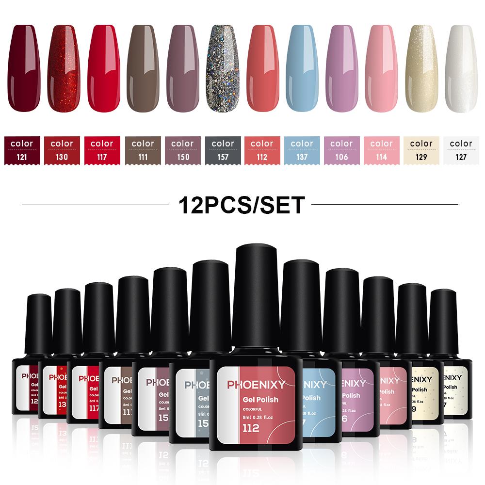 PHOENIXY, 8 мл, 12 цветов, гель-лак для ногтей, гель для ногтей, полуперманентный твердый гель для ногтей, замачиваемый УФ-гель, нужна база, верхнее покрытие, дизайн ногтей «сделай сам»