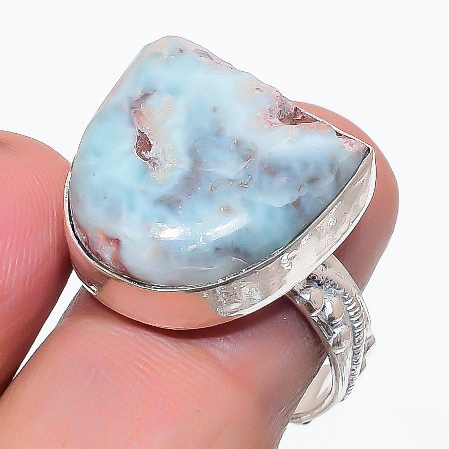 Natural Larimar Gemstone Handmade 925 Sterling Silver Jewelry Ring Size 7.5 c0W09