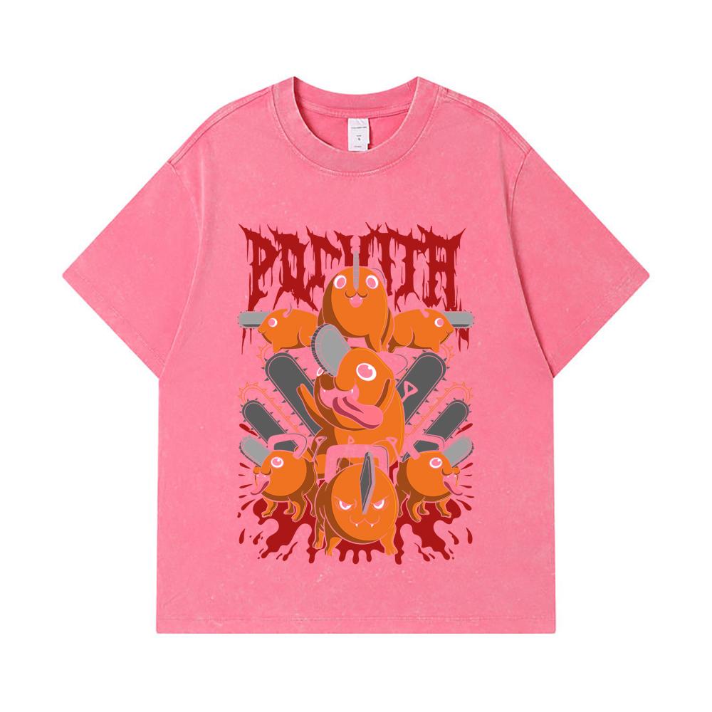 275 GSM Washed T-shirts 100% Cotton Chainsaw Man V8 Pochita Print Unisex Heavy Cotton T Shirt