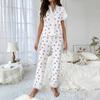 Women's Cherry Print Pajama Set Short Sleeve Button Front Top Long Pants Sleepwear Set Lace