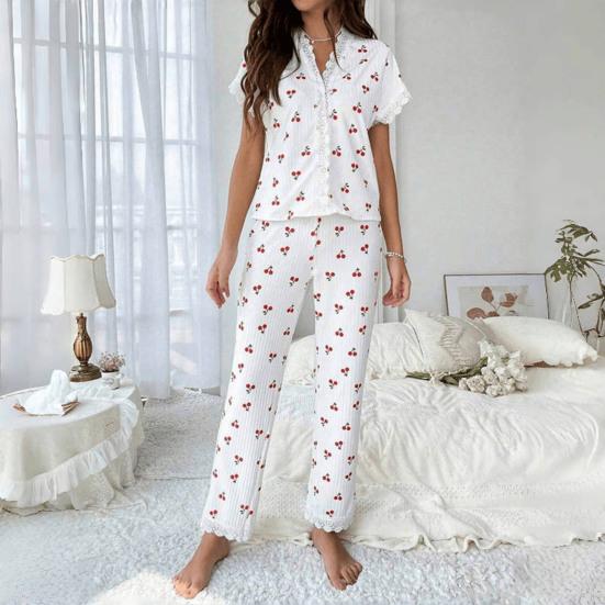 Women's Cherry Print Pajama Set Short Sleeve Button Front Top Long Pants Sleepwear Set Lace
