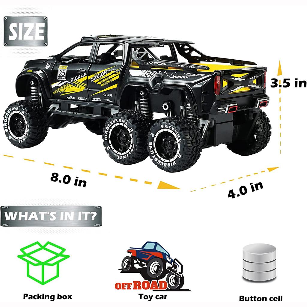 Масштаб 1/24 X-класса 6x6 внедорожные литые металлические модели автомобилей, пикапы-монстры, игрушечная переоборудованная модель автомобиля со звуком и светом для детей от 3 лет и старше
