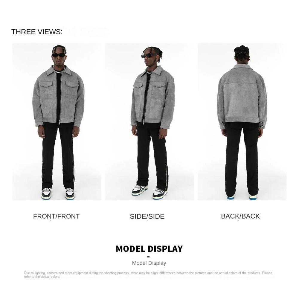 ZYLLO Осенние куртки Оверсайз Повседневная одежда Хай-стрит Карманы Лацкан Молния Замша Толстое пальто Мужская ветровка Свободного кроя