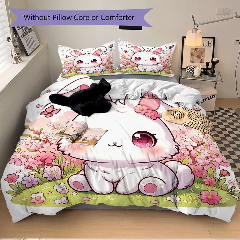 3pcs Sweet White Rabbit Bedding Set, Including 1 Quilt Cover and 2 Pillow Shams, Without Filling, Soft and Comfortable Home Bedroom Fabric,