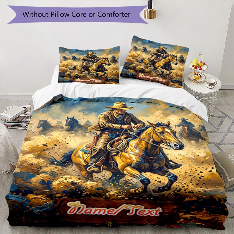3PC Custom Name Rodeo Cowboy Adventure Bedding Set Printed Bedding Set Duvet Cover Closure Includes 1 Duvet Cover & 33 Pillowcases for Bedroom