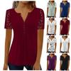 Women's Casual Solid Color Printing Short Sleeve Lace Sleeve Pleated Button T-shirt