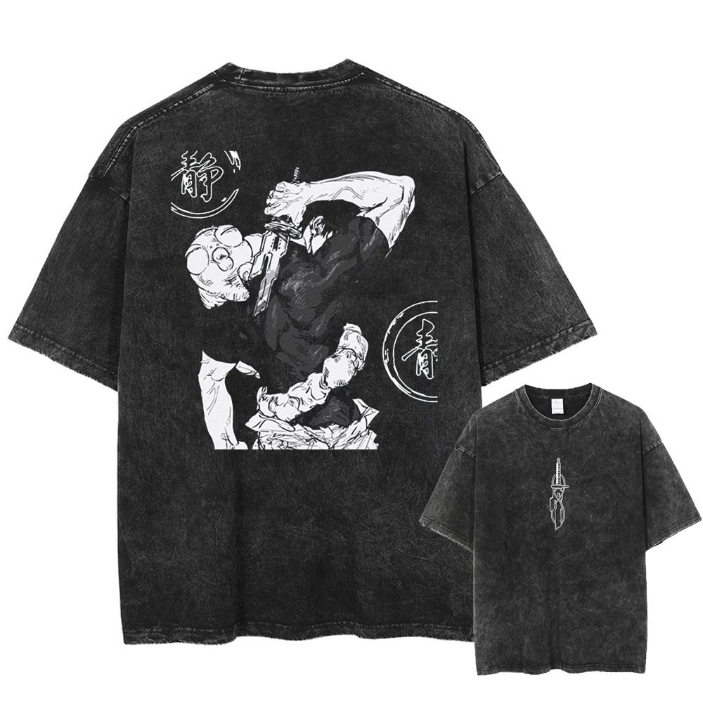 Мужская Женская Винтажная Футболка Оверсайз с Вареным Эффектом Унисекс Уличная Одежда Харадзюку Футболка с Аниме Принтом Летняя Футболка с Коротким Рукавом Повседневная Хлопковая Футболка