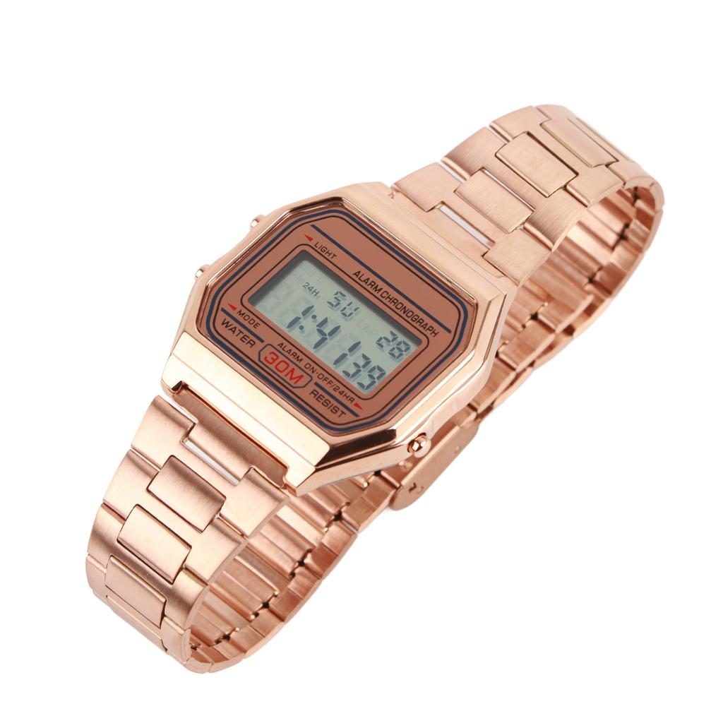 Цифровые светодиодные часы с подсветкой, электронные, с ремешком из нержавеющей стали, прямоугольные наручные часы (Розовое золото)