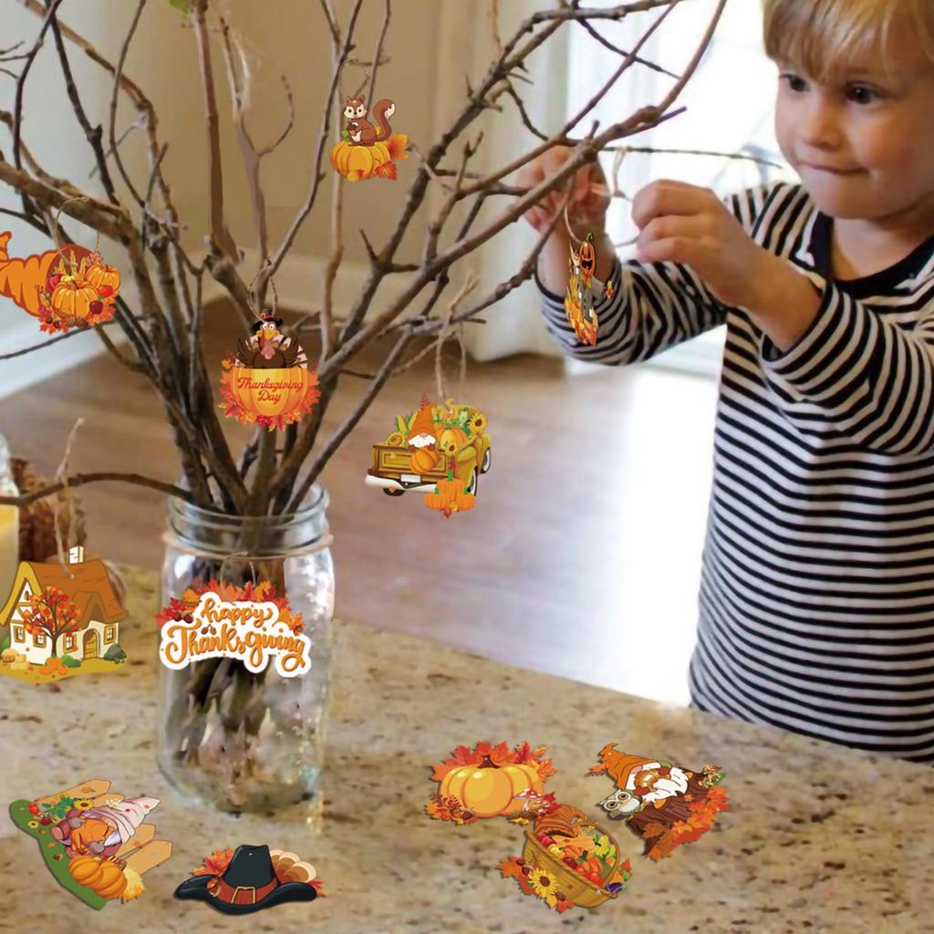 12Pcs Hanging Ornaments Thanksgiving Fall Tree Decorations Paper Hanging Signs And Pendant With Ropes Decor