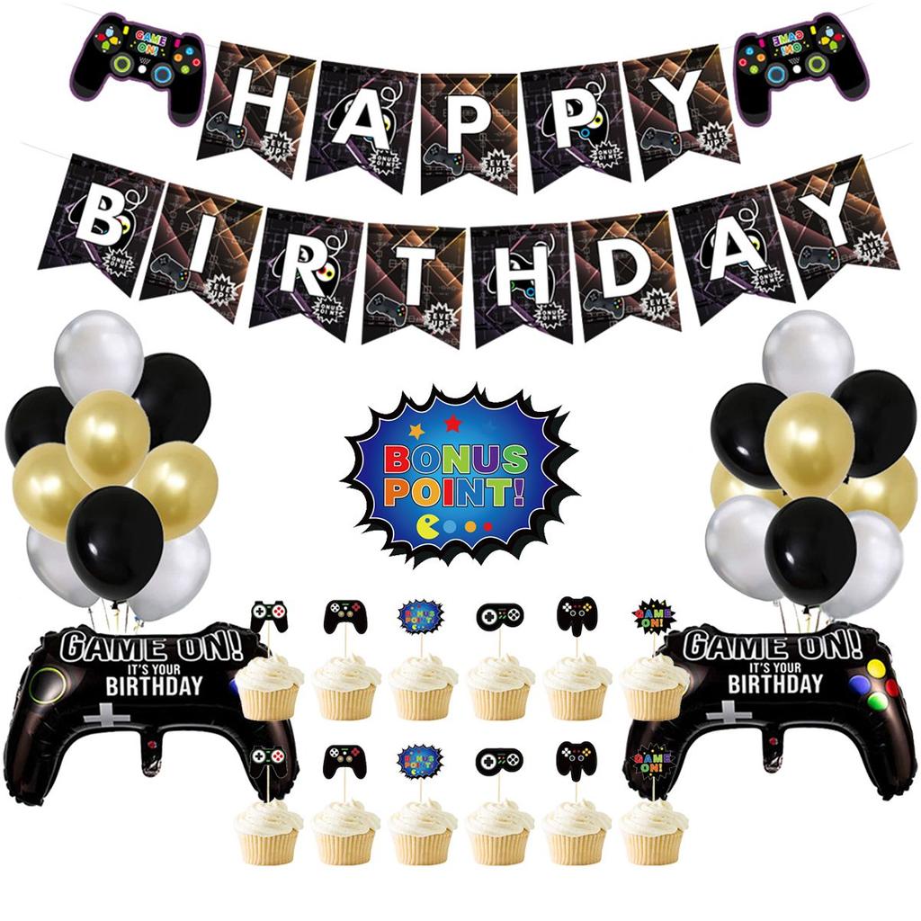 GAME ON Game-Themed Birthday Party Decoration Set: Banner, Foil Balloons, and Cake Topper Set