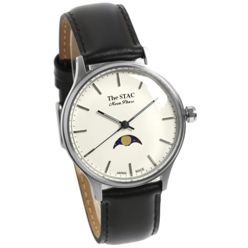 The STAC Japanese-made Wristwatch, 36mm, Antique Retro Design, Moon Phase, Bar Pattern with White and Black Accents, ST-MF001, for Men and Women, Unis