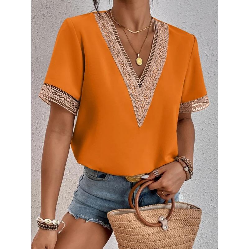 Женская летняя кружевная футболка с короткими рукавами и V-образным вырезом, женская свободная повседневная блузка, тонкая футболка