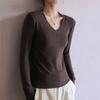 Q Thread V-neck Versatile Solid Color Base Shirt for Women In Autumn Slim Fit and Slim Inner Top Long Sleeve T-shirt Base Shirt