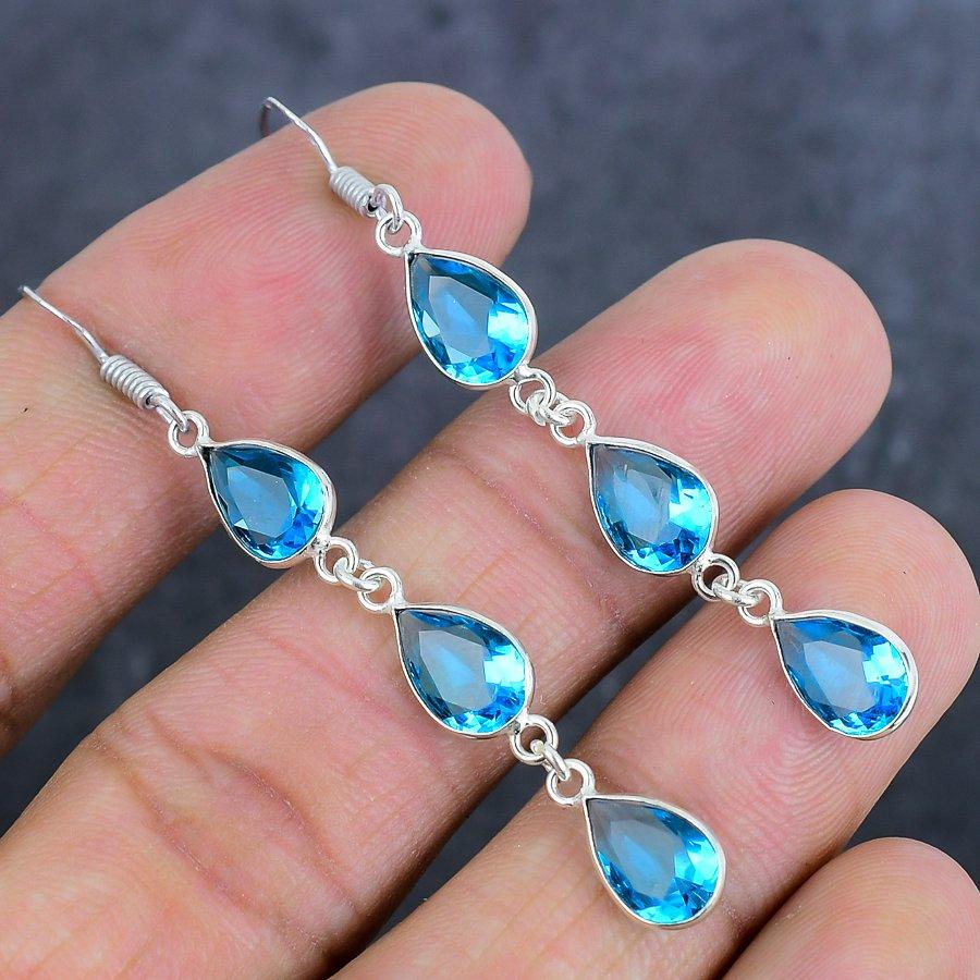 Swiss Blue Topaz Gemstone 925 Sterling Silver Jewelry Earring 2.44"